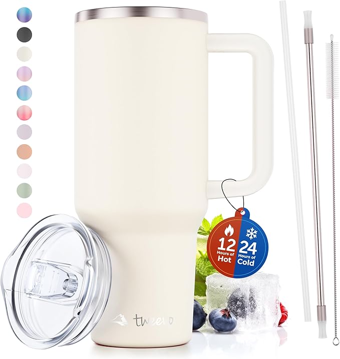 40 oz Tumbler With Handle and Straw Made of Stainless Steel - Double Wall Vacuum Insulated Tumbler With Lid - Sweat Proof Easy Grip, BPA-Free, Dishwasher Safe Tumbler (Cream) - Bloomnest