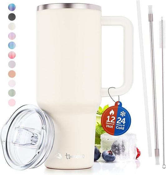 40 oz Tumbler With Handle and Straw Made of Stainless Steel - Double Wall Vacuum Insulated Tumbler With Lid - Sweat Proof Easy Grip, BPA-Free, Dishwasher Safe Tumbler (Cream) - Bloomnest