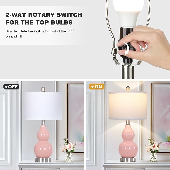 Double Gourd Ceramic Table Lamps Set of 2, Modern Pink Bedside Lamps for Night Stand, Contemporary Nightstand Lamps for Bedroom Living Room (Bulb Included) - Bloomnest