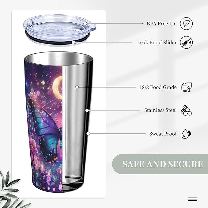 Butterfly Tumbler with Lid and Straw 20 oz Stainless Steel Cup Insulated Tumbler Coffee Mug for Home Office or Car Christmas Birthday Gifts - Bloomnest