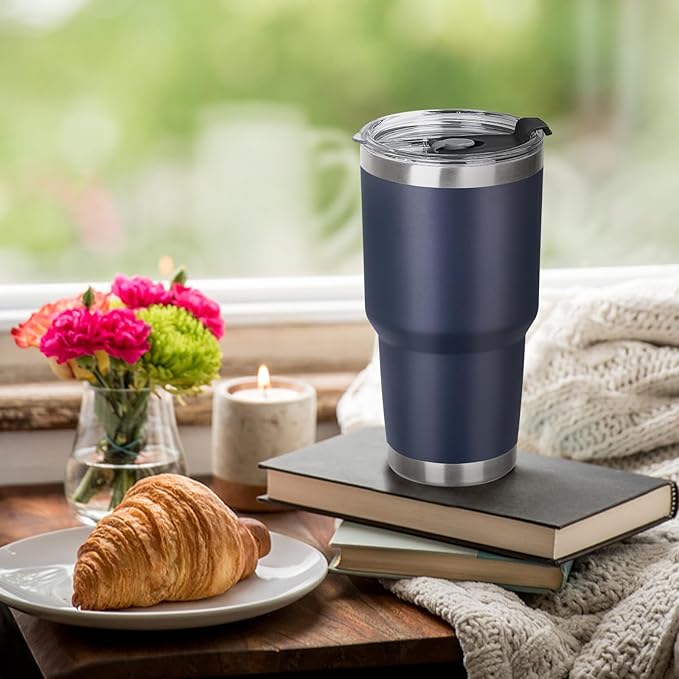 30 oz Tumbler with Lids and Straws Double Wall Vacuum Insulated Tumbler Cup,Stainless Steel Leak-proof Thermal Tumbler Powder Coated Travel Coffee Mug for Cold and Hot Drinks,Navy Blue - Bloomnest