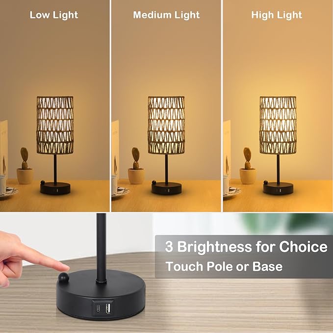 Touch Bedside Lamp For Bedroom with Bulb, Gray Boho Small Table Lamp For Living Room With Rattan & Linen Shade, 3 Way Dimmable Table Lamp For Nightstand With USB Charging Port & Phone Stand For Office - Bloomnest
