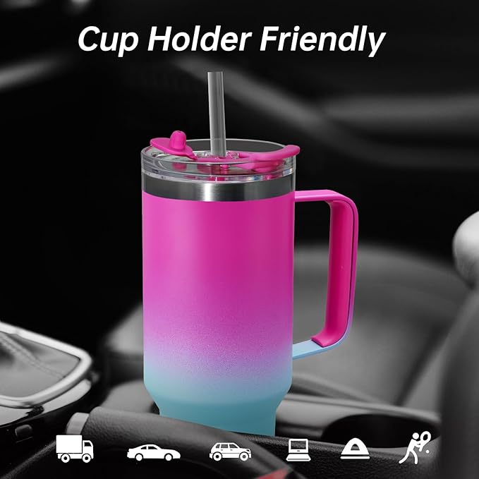 COKTIK 40 oz Tumbler With Handle and Straw Lid, Vacuum Insulated Travel Coffee Mug Stainless Steel Insulated Cup for Beverages, Leak-proof, Cupholder Friendly (Rose Plum) - Bloomnest