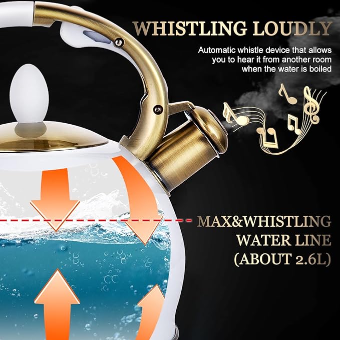 SUSTEAS Stove Top Whistling Tea Kettle - Food Grade Stainless Steel Teakettle Teapot with Cool Touch Ergonomic Handle, With 1 Silicone Pinch Mitt Included, 2.64 Quart(WHITE) - Bloomnest