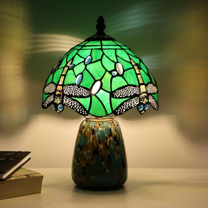 Tiffany Mushroom Table Lamp Dragonfly Style Green Stained Glass Accent Lamp Brown Blue Glass Base 8X8X12 Inch - Bloomnest