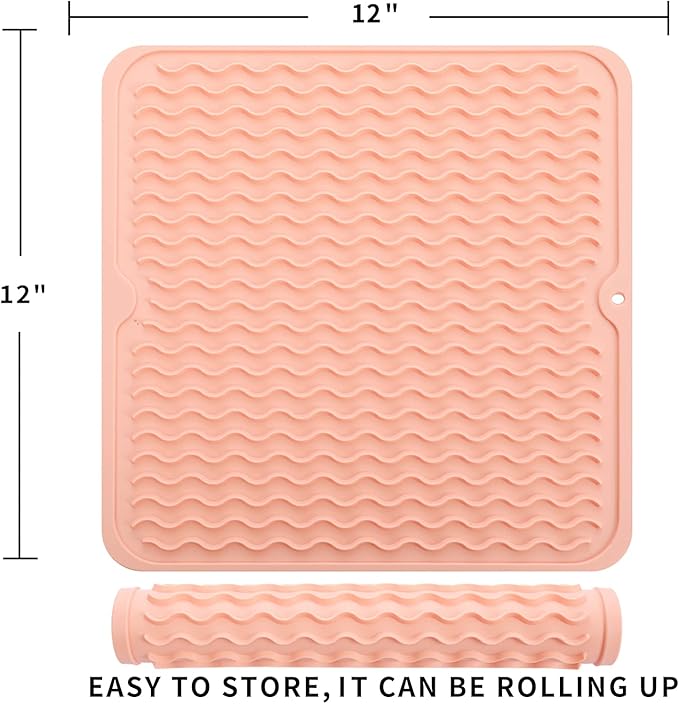 Silicone Dish Drying Mat for Multiple Usage,Easy clean,Eco-friendly,Heat-resistant Silicone Mat for Kitchen Counter or Sink,Refrigerator or Drawer liner Pink M 12 inches x 12 inches - Bloomnest