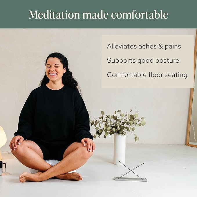 Mindful & Modern Large Meditation Cushion | Zafu Yoga Bolster Meditation Floor Pillow Seat | Buckwheat Hull Filled Crescent Shaped Cushion with Removable Washable Cover + Carry Handle - Bloomnest