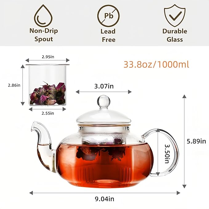 CnGlass 33.8oz Glass Teapot with Removable Infuser,Stovetop Safe Tea Kettle,Blooming & Loose Leaf Tea Pot - Bloomnest