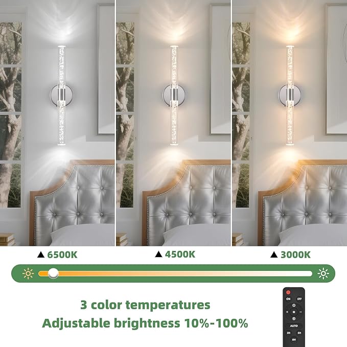 Silver Wall Light LED Battery Operated Wall Sconces(2 Pack), 20-Inch Dimmable Crystal Wall Sconce, Rechargeable Chrome Bubble Wall Lights, Wireless Wall Lamp for Bedroom, Living Room - Bloomnest