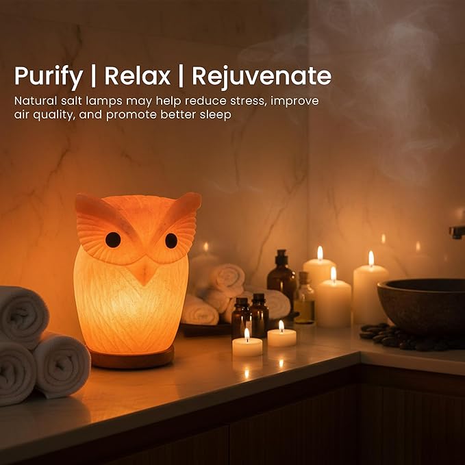Himalayan Salt Lamp Owl Shape – 7 Inch High, 4.4 lbs, Hand-Crafted Natural Pink Rock Salt Lamp with Wooden Base & Dimmer Cable - Bloomnest