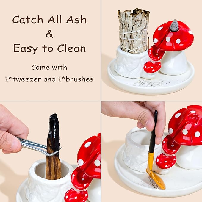 ZenBless 5 in 1 Mushroom Gifts Waterfall Incense and Candle Burner for Burning Sage, Palo Santo, Incense Sticks Backflow Cones,Candle Ceramic Backflow Cone Holder Spiritual Meditation Yoga ZenBless