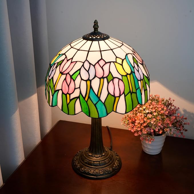 Tiffany Lamp Pink Orange Tulips Style Stained Glass Table Lamp Vintage Bedroom Bedside Light for Home Dorm Office Art Craft Antique Decor Accent Aesthetic Nightstand Reading Light 12x12x19 Inches - Bloomnest