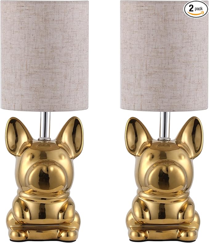 Set of 2 Ceramic Table Lamp, Puppy Shape Desk Lamp Cute Bedside Lamp for Nightstand, Living Room, Bedroom, Gifts for Kids Girls, 4W LED Bulb Included, Gold - Bloomnest