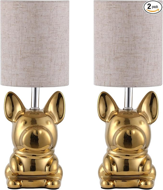 Set of 2 Ceramic Table Lamp, Puppy Shape Desk Lamp Cute Bedside Lamp for Nightstand, Living Room, Bedroom, Gifts for Kids Girls, 4W LED Bulb Included, Gold - Bloomnest