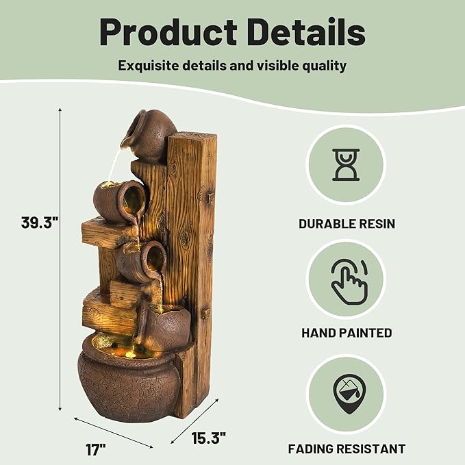 5-Tiered Garden Waterfall Fountain Outdoor - 40''H Water Fountains and Waterfalls, Large Outdoor/Indoor Floor Standing Resin Water Fountain with LED Light for Patio, Garden and Home (Brown) - Bloomnest