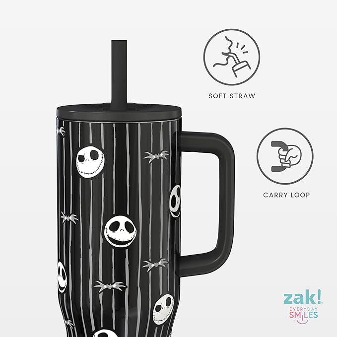 Zak Designs Disney Tim Burton's The Nightmare Before Christmas Sutton Travel Tumbler for On the Go, 30oz Stainless Steel with Vacuum Insulation and Silicone Straw for Cold Drinks (Jack Skellington) - Bloomnest