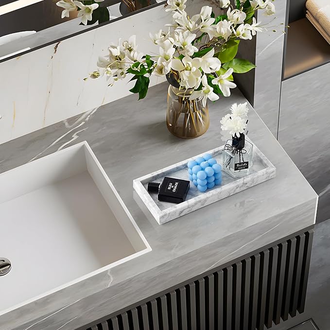 Real Natural Small Marble Tray for Bathroom, Vanity, Kitchen and Desktop, Rectangle Genuine Marble Stone Tray for Jewelry, Cosmetics, Candles, Lotion, Perfume and Home Decor (White, 12" x 5" x 1.2")