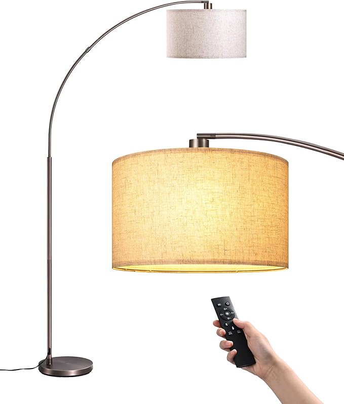 EDISHINE Dimmable Mid Century Modern Floor Lamp with Remote, Tall Arc Standing Lamps with Adjustable Drum Shade, Standing Corner Light for Living Room, Bedroom, Dining Room, Bronze - Bloomnest