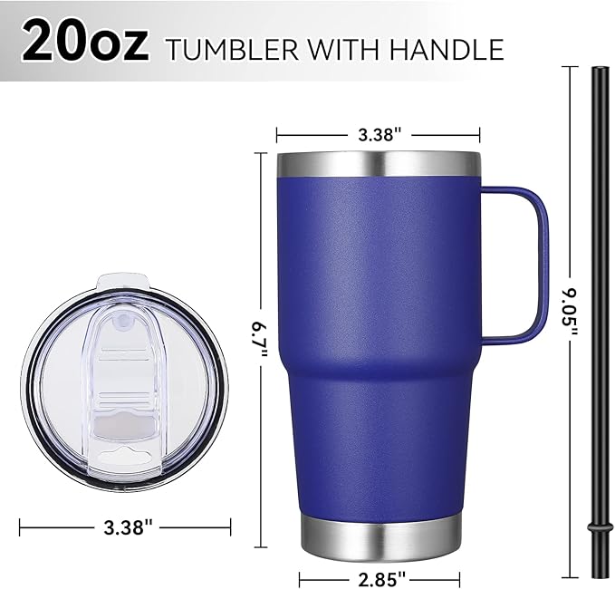VEGOND 20 oz Tumbler with Handle Lid and Straw, Stainless Steel Insulated Travel Coffee Mug Spill Proof Double Wall Metal Tumbler Cup Keeps Drink Hot and Cold, Royal Blue 1 Pack - Bloomnest