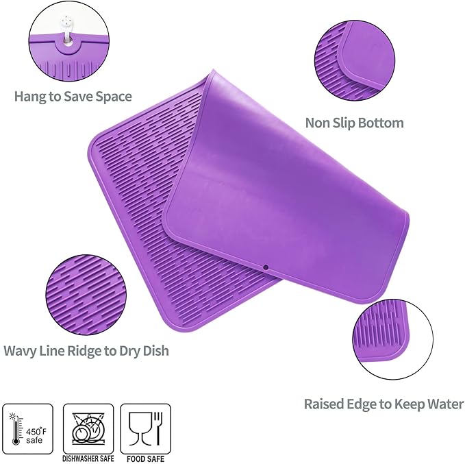 Silicone Dish Drying Mat for Multiple Usage,Easy clean,Eco-friendly,Heat-resistant Silicone Mat for Kitchen Counter or Sink,Refrigerator or Drawer Liner Purple 3XL 28 inches x 18 inches - Bloomnest