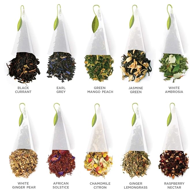 Tea Forte Tea Tasting Assortment Premium Petite Presentation Box Gift Set Sampler, 10 Count, 1 of Each Variety Individually Wrapped Handcrafted Pyramid Infuser Bags - Bloomnest