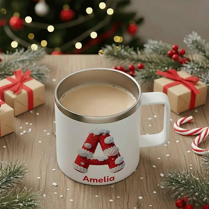 Personalized Christmas Mug with Name, 12oz Insulated Coffee Tumbler with Handle, Custom Cozy Knit Sweater Initial Cup, Festive Holiday Xmas Gift for Men & Women (B08) - Bloomnest