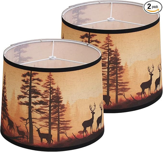 Rustic Deer Printed Large Drum Lamp Shades Set of 2. Easy Assembly.11.4"x13"x10" Barrel Brown Lamp Shade For Cabin Lodge Decoration.Replacement Lamp Shades For Table Lamps(Sipder Model) - Bloomnest