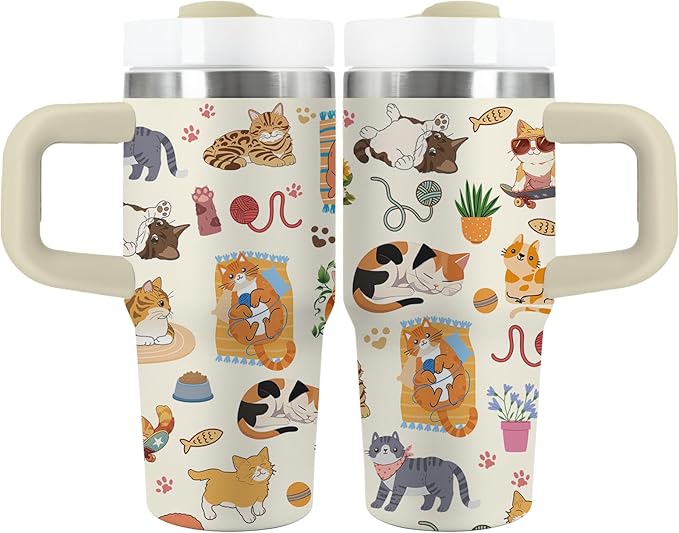 Cat Gifts for Girls - 14oz Cute Cats Kids Tumbler with Handle and Straw, Stainless Steel Insulated Water Cup, Leak Proof, for Sport, School, Travel - Funny Cat Lovers Children Birthday Gifts Cups(1pc) - Bloomnest