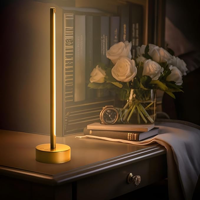Cordless LED Table Lamp, Battery Operated Portable Desk Lamp,Dimmable/3 Color/Memory Function,Modern Rechargeable Table Light for Living Room,Bedroom,Bedside,Gold - Bloomnest