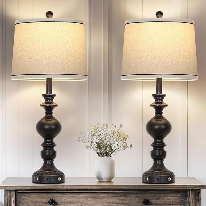 28" Black Farmhouse Table Lamps Set of 2, Rustic Lamp for Living Room with USB C+A Ports & AC Outlet, 3 Way Touch Control Resin Bedside Lamps, Retro Bedroom Lamp for Nightstand Side End Table Desk - Bloomnest