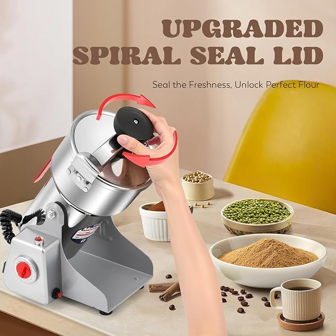 Moongiantgo Upgraded Spiral Seal Grain Mill Grinder Electric 800g 2500W High Speed Spice Grinder Pulverizer Dry Grinding Machine for Dry Cereal Bean Corn Wheat Herbs, with 4 Set Blades (800g, 110V) - Bloomnest