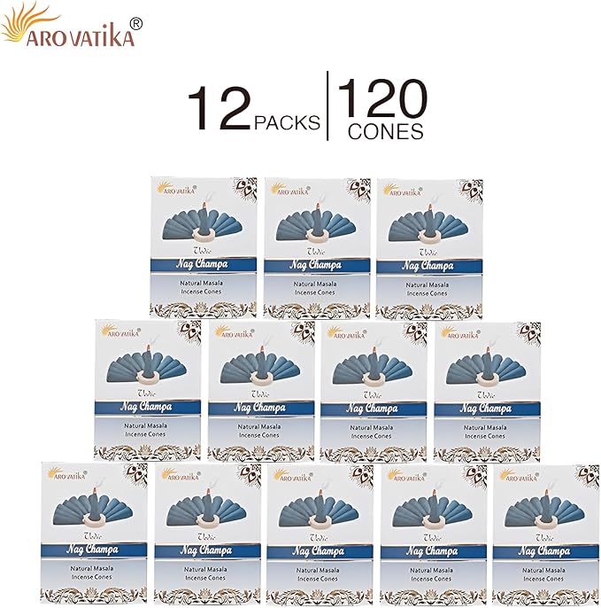 ARO VATIKA Vedic Nag Champa Natural Masala 120 Incense Cones in Pack of 12 Boxes | Environment-Friendly Dhoop | Best for Prayer, Reiki, Meditation & Relaxation | Burn time- 25 mins AROVATIKA