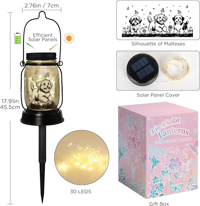 Maltese Dog Gifts for Women/Men Maltese Solar Lanterns Birthday Dog Lovers Lantern Pet Loss Dog Memorial Lights Solar Garden Decoration for Yard, Patio,Backyard,Porch Torches Light - Bloomnest