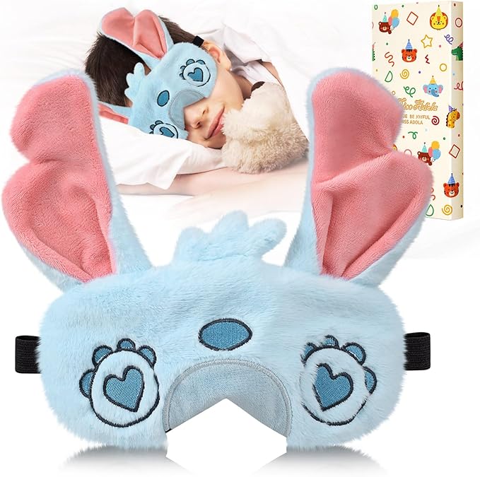 Sleep Mask for Kids - Cute Cartoon Plush Fuffy Sleeping Eye Cover Love Blue Kawaii Soft Eyeshade with Adjustable Strap Animal Eye Blindfold for Kids Girls Boys Teens - Bloomnest