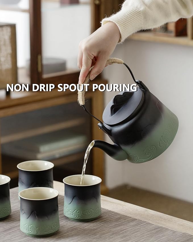 ZENS Vintage Japanese Tea Set with 4 Tea Cups, 33.8 oz Embossed Ceramic Loose Leaf Teapot with Built-in Strainers for Tea Steeper, Hemp Rope Handle Gradient Japanese Tea Pot for Tea Lovers Gifts - Bloomnest