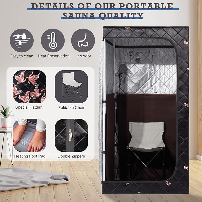 Smartmak Full Size Portable Home Sauna Kit, 1 Person Far Infrared Sauna, Full Body Sauna Tent for Relaxation, with Timer & Temperature Remote Control, Foot Heating Pad,Upgraded Folding Chair - Black Smartmak