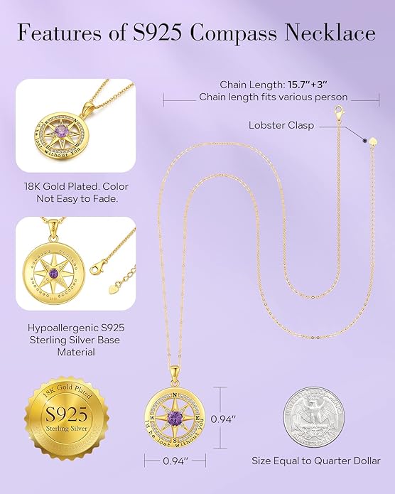 S925 Necklace Gift for Wife |Compass Jewelry |Women Anniversary |Sterling Silver |Girlfriend Birthday Gifts for Her Valentines |I'd be Lost without You |Jewel 18K Gold - Bloomnest