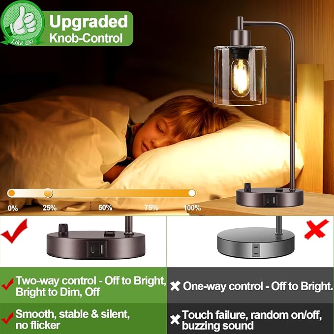 Lynnoland Set of 2 Oil Rubbed Bronze Table Lamps with USB C+A Ports and Outlet, Fully Stepless Dimmable Bedside Lamps, Industrial Desk Lamps with Clear Glass Shade for Living Room (2 LED Bulb) - Bloomnest