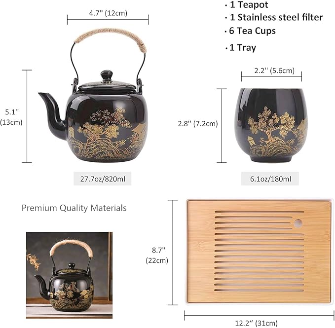 Japanese Tea Set for Adults - Elegant Golden Countryside Theme with Teapot, 6 Cups & Tea Tray, Stainless Steel Infuser - Traditional Asian Gift for Women Men, Housewarming, Wedding - Bloomnest