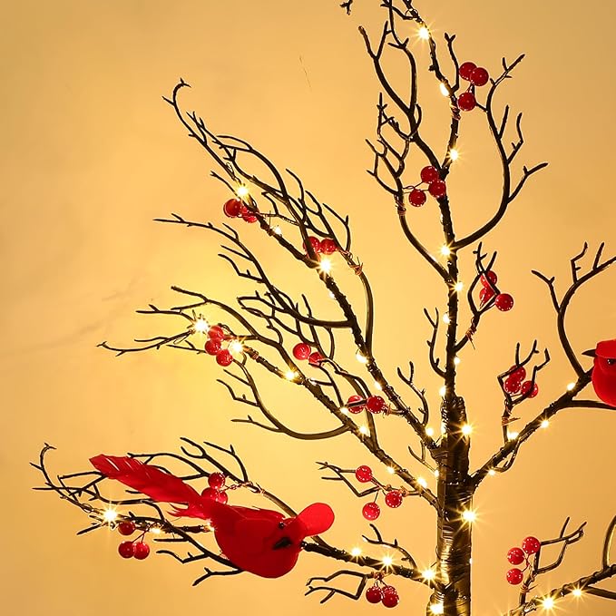 Vintage Glowing Tree with Cardinals, 21in Vintage Glowing Tree, Battery Operated Twinkle Trees Lamp with Lighted Branches, for Christmas Halloween Home Party Décor Lamp Tree - Bloomnest