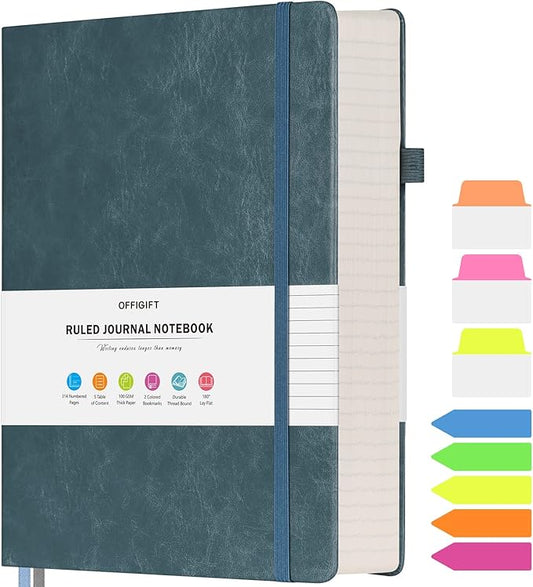 Lined Journal Notebook, Large A5 College Ruled Notebook, 312 Numbered Pages Work Notebook with Index Stickers, 100gsm Paper, Hardcover Vegan Leather Journal for Women Men School Office, Grey Blue - Bloomnest
