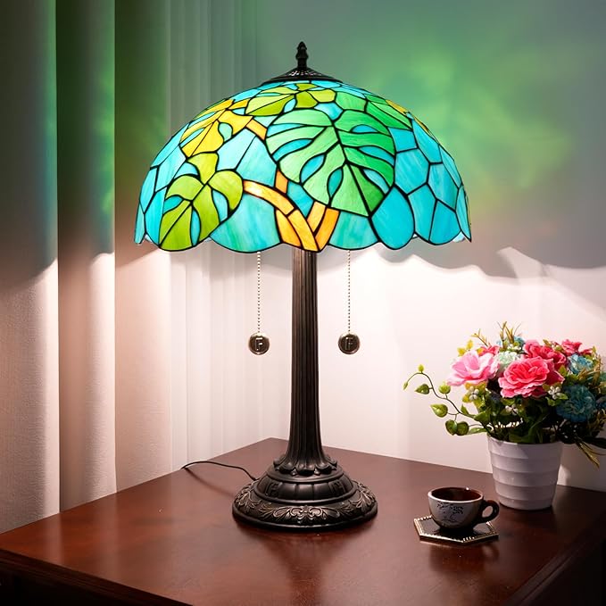 Tiffany Table Lamp Monstera Deliciosa Stained Glass Lamp Antique 16 inch Monstera Swiss Cheese Plant Handmade Large Desk Light for Home Living Room Bedroom Office - Bloomnest