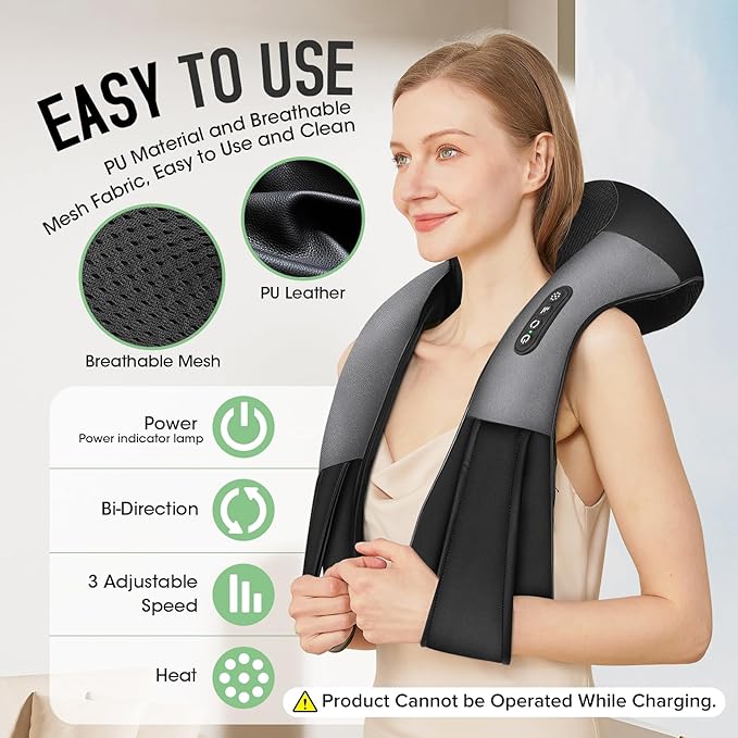 Cordless Shiatsu Neck and Shoulder Massager, Back Massager with Heat,Massage Deeper Tissue 4D Kneading Massage for Shoulder, Neck and Back, Use at Home, Office, Car - Gifts for Fathers Day Dad Gift