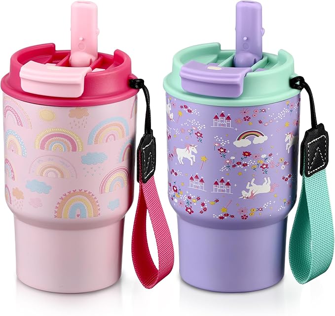 13.5oz Kids Insulated Tumbler with Lid and Straw, BPA-Free Stainless Steel Kids Water Bottle, Leak-Proof& Cupholder Friendly Tumbler for Boys & Girls -2 Pack(Rainbow+Horse) - Bloomnest