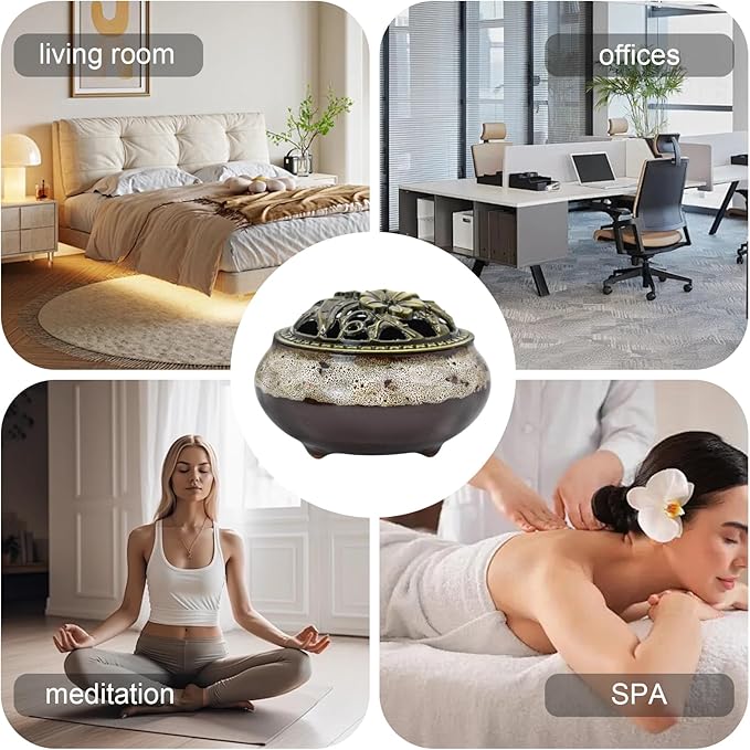 MrMrKura Ceramic Incense Burner with Lid, Incense Holder for Sticks Incense Cone Holder with Brass Incense Stick Holder for Yoga Meditation Home Decor (Fambe Grey) - Bloomnest
