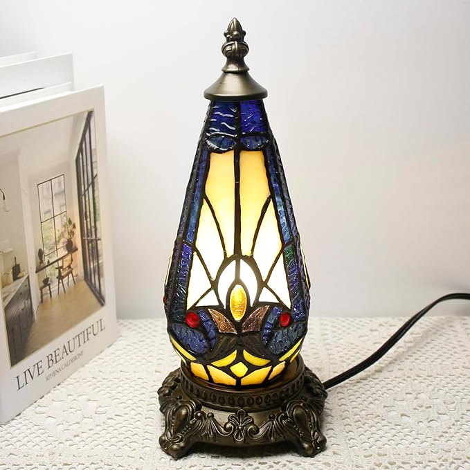 Small Tiffany Lamp Stained Glass Table Lamp 5.5X11 Inch Christmas Tree Lighthouse Mini Accent Memory Sympathy Antique Night Light for Bedroom Living Room (Stained Glass)