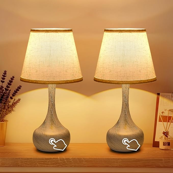 Touch Table Lamp for Bedroom Set of 2, Farmhouse 3-Way Dimmable Bedside Lamps for Nightstand with Fabric Shade - Bloomnest