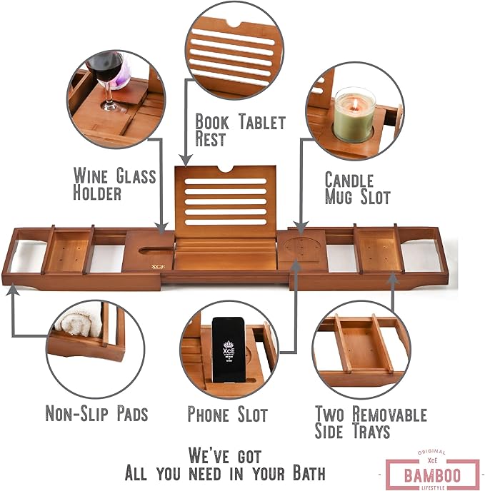 XcE Bamboo Bathtub Caddy Tray - Expandable to 41 Inches with Book Stand, Soap Holder & Anti-Slip Pads for Luxury Bath Spa, Brown - Bloomnest