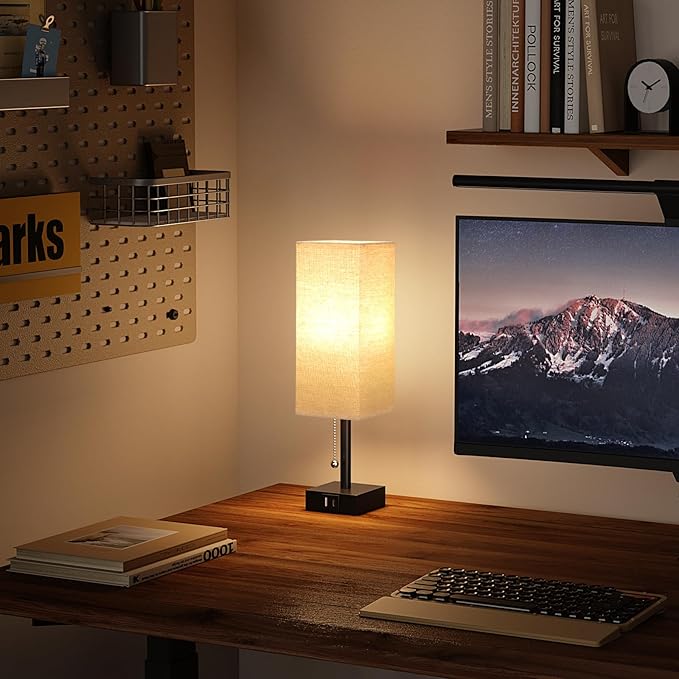 Beige Bedside Table Lamps Set of 2 - Square Bedroom Lamps with 3 Color Temperatures (3000K/5000K/4000K), Nightstand Lamps with USB C + A Charging Ports, Pull Chain Small Night Light for End Table - Bloomnest