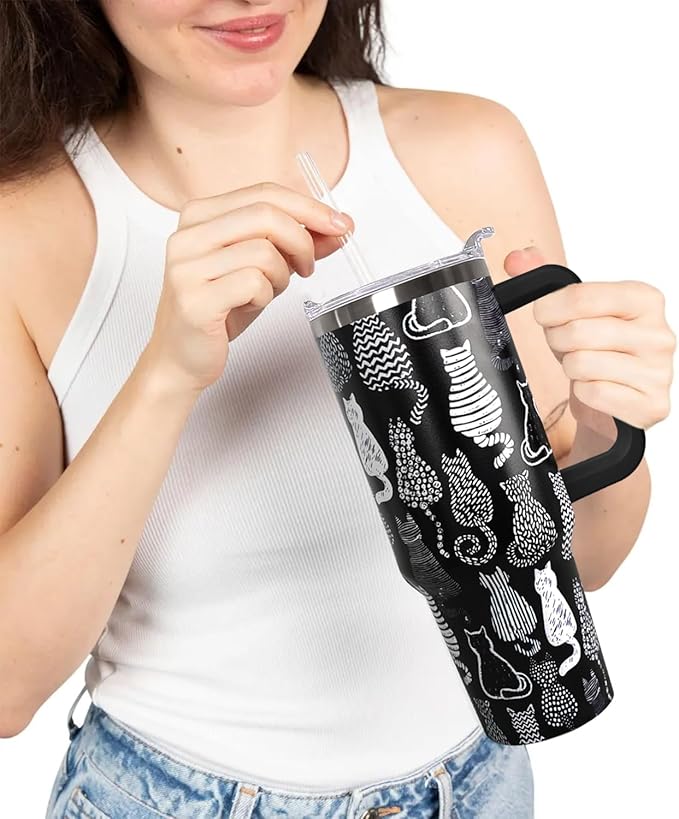 40 Oz Black Cat Coffee Travel Mug Cup Water BottleTumbler With Handle,Cat Decor,Black Cat Gifts for Women - Bloomnest